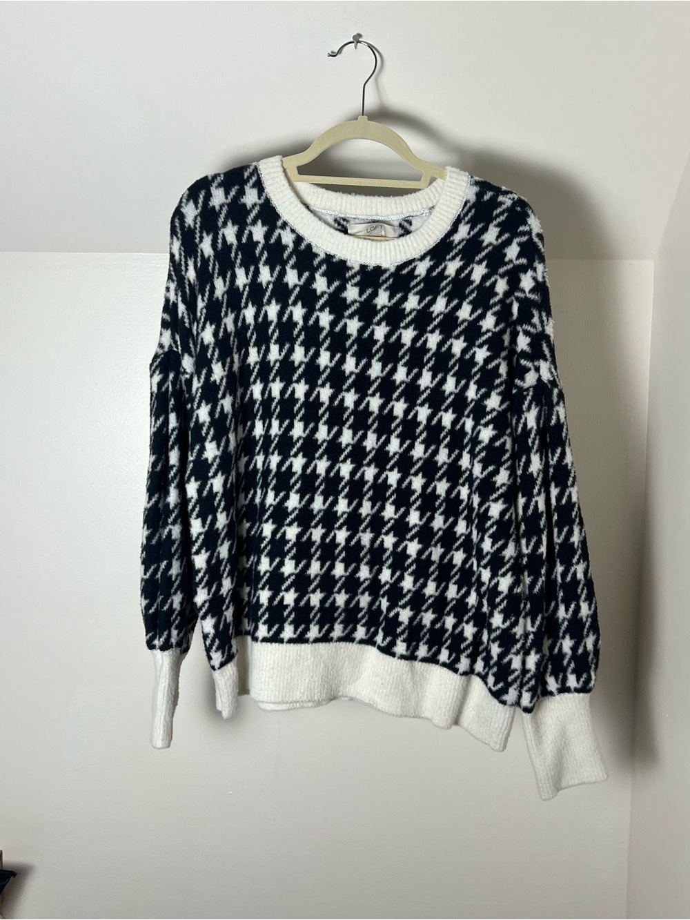 LOFT Black and White Houndstooth Crewneck Sweater